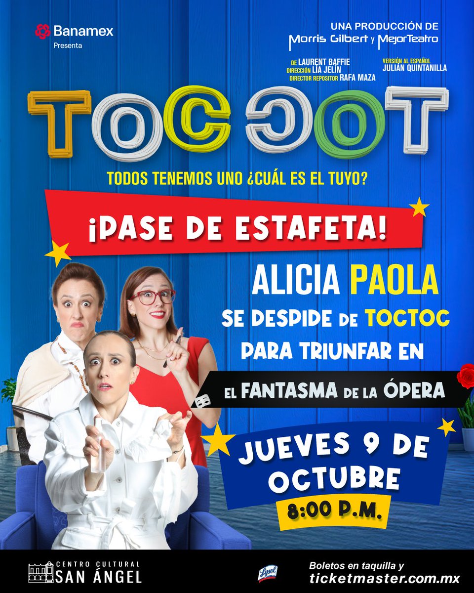 ¡ATENCIÓN! <a href="/apasama/">Alicia Paola ✨</a> se va a triunfar a El Fantasma de la Ópera y en #TOCTOC la queremos decir “adiós” con una función muy especial. ¿Nos acompañas 👻?

📍 Centro Cultural San Ángel
📆 Jueves 09 de octubre
⏰ Función 8:00 p.m.
🎟️ bit.ly/TTDespedidaAli…