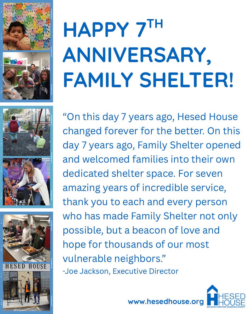 Our Family Shelter is celebrating 7 years of service today! Thank you for partnering with our mission and for making programs like this one possible! To learn more about the work of Hesed House, visit hesedhouse.org