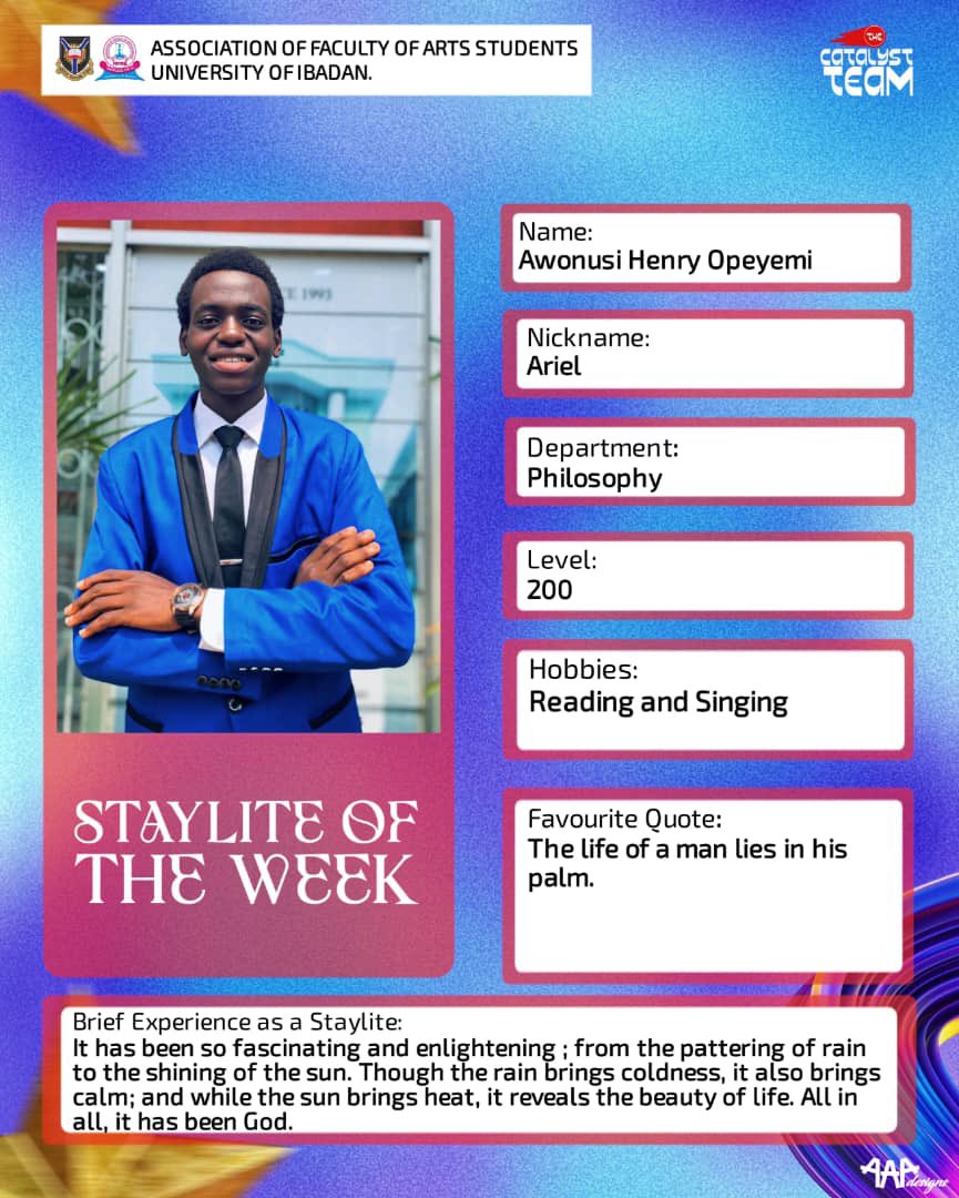 afas_uniibadan's tweet photo. AFAS PERSONALITIES OF THE WEEK

Big shout-out to these AFASites featuring as personalities of this week. 
We wish you continued growth in your endeavors.

AFAS IS BLESSED

E-SIGNED

Announcer;
Olawale Rofiat (FIAH)
Director of Information and Publicity

©️THE CATALYST TEAM https://t.co/n8n1eCeCpR
