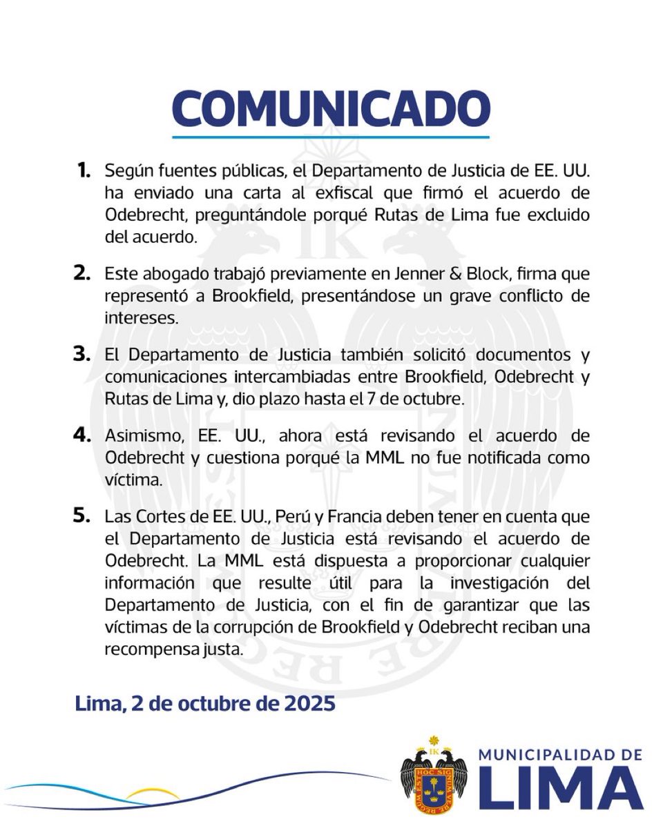 Estados Unidos  reconocen que si hubo corrupción en los peajes de Rutas de Lima , juez le exige a fiscal por qué fue excluido la MML del Acuerdo con Odebrecht,Rafael López Aliaga solo y valiente consiguió este apoyo no debe renunciar a la alcaldía  hasta resolver peajes por Lima