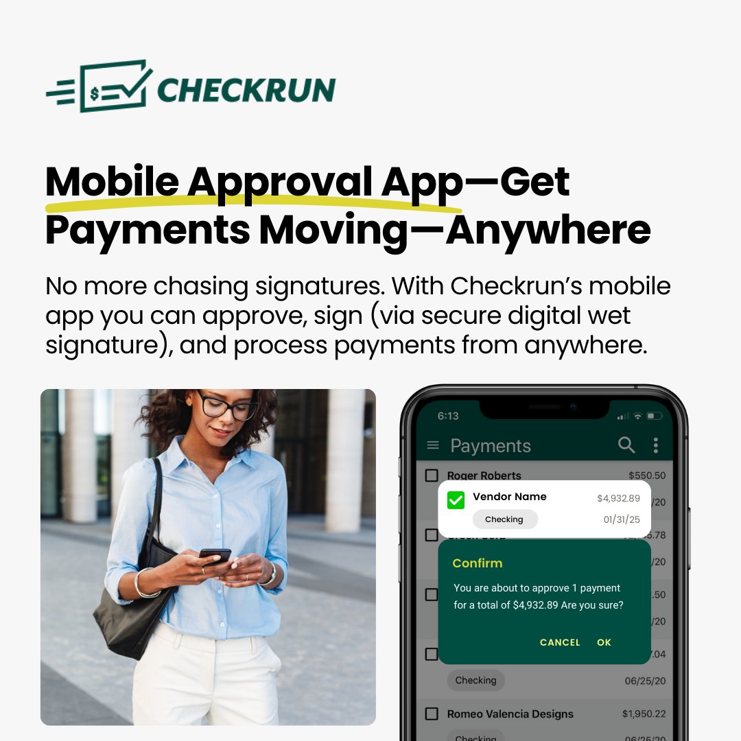 CheckrunChecks's tweet image. Still running after signatures and approvals? With Checkrun, you can streamline your check payments — approvals, printing, and mailing, all in one place. It’s time to take the hassle out of payments.

Learn more here: checkrun.com