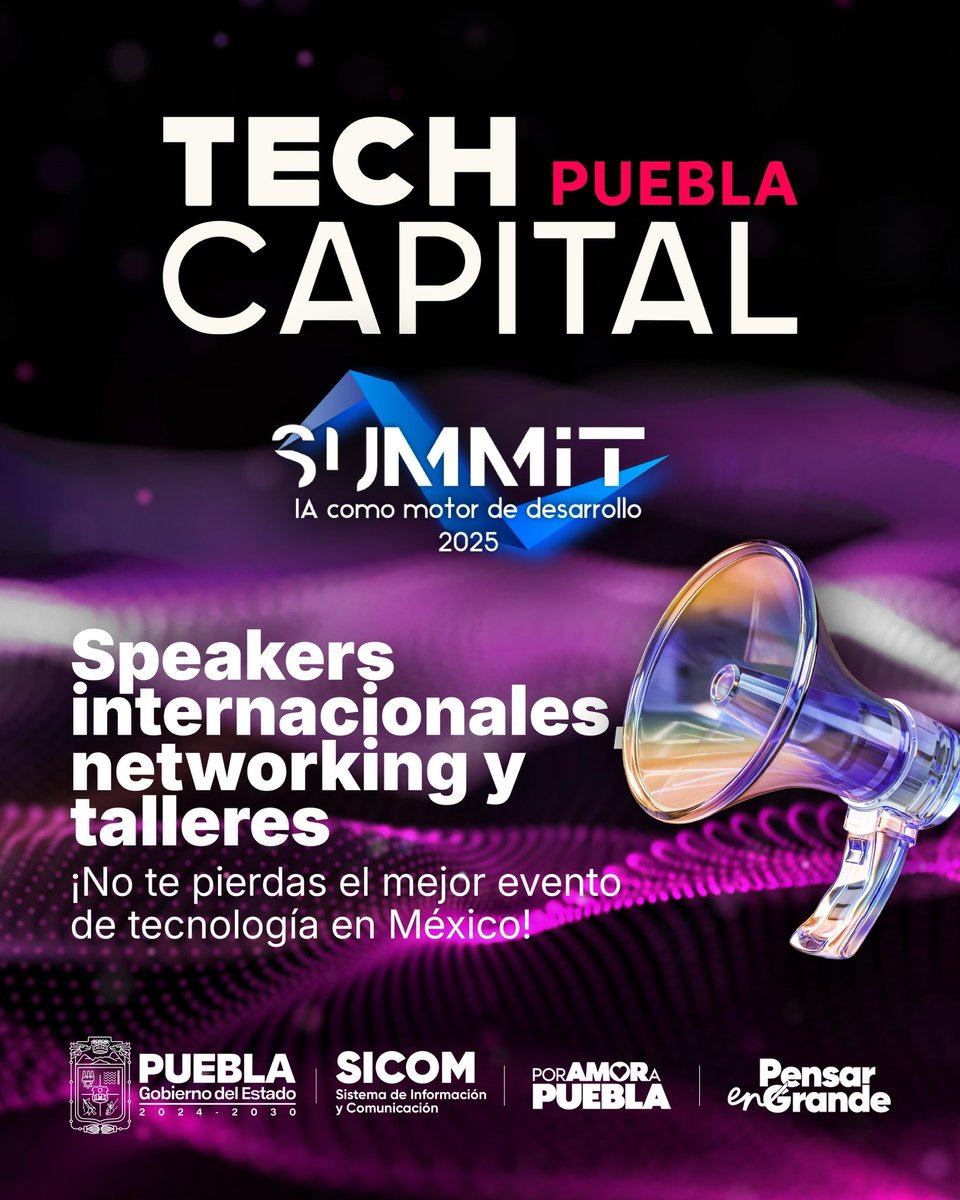 SICOMPue's tweet image. 🌐 Súmate al evento tecnológico más grande de México: #TechCapital Puebla Summit 2025. 🤖

💻 Más de 60 speakers internacionales, networking, talleres y conferencias de IA e innovación. 👩🏽‍💻

📅 15-17 octubre | @CExpositorPue 

🔴 ¡Evento gratuito!
Registro: techcapitalpuebla.com…