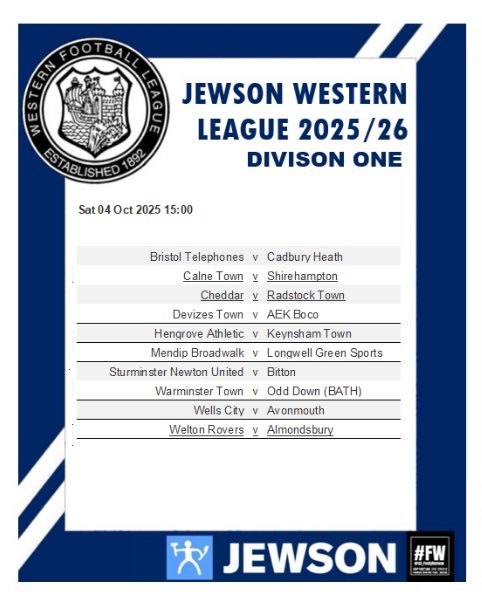 WEEKEND FOOTBALL IS BACK!! 

Another bumper weekend of <a href="/Jewson/">Jewson</a> Western League action… 

Best of luck to all our sides competing this weekend, which game stands out for you, and where you heading… 👀 we’d love to know!! 

Safe travels, have a cuppa at half time and enjoy the