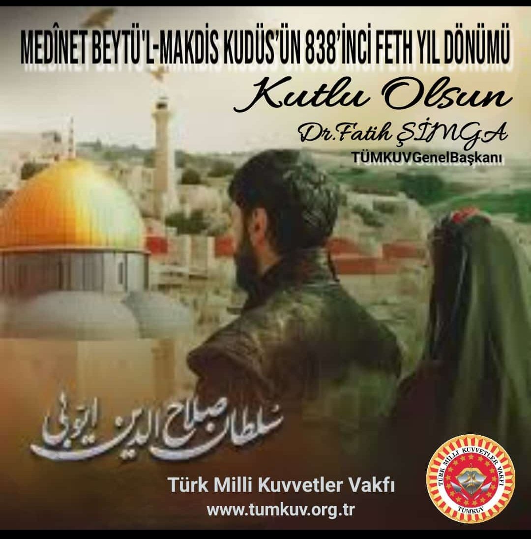 2 Ekim 1187
Medînet Beytü'l-Makdis #Kudüs'ün 838’inci Feth Yıl Dönümü kutlu olsun.

Cenab-ı ALLAH son Kudüs fethini de bizlere müyesser nasip eylesin inşallah.