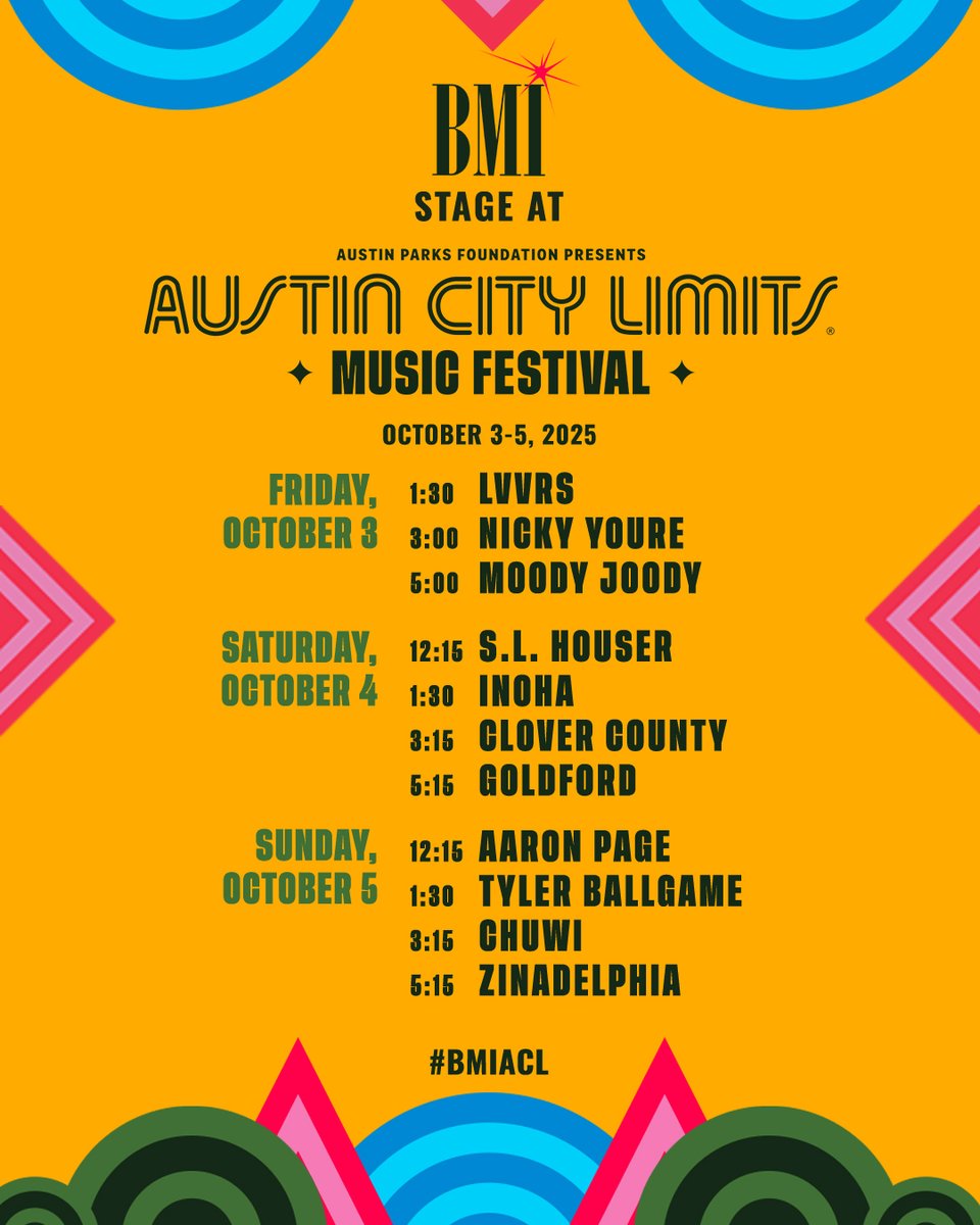 bmi's tweet photo. Meet us at the #BMIACL stage at @aclfestival this weekend! ✨🎶

@lvvrsband @nicky_youre @moodyjoodymusic @shouserrr #INOHA @clover_county @iGoldford @whoisaaronpage #TylerBallgame @chuwi_pr @zinadelphia https://t.co/jyy160mk2r