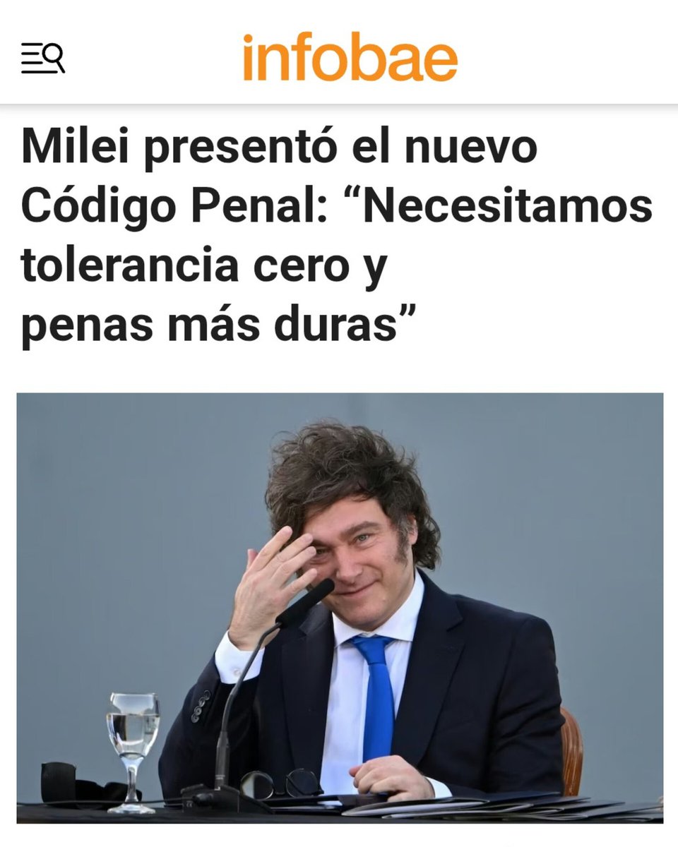 Milei presentó el nuevo código penal. Propone la baja de edad de imputabilidad, se restringe la libertad condicional, se endurecen penas por corrupción y delitos comunes, 3 años de cárcel por cortar la calle. El que las hace, las paga.