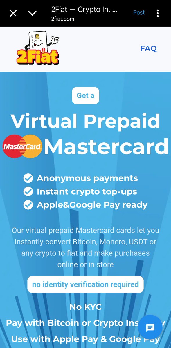 Lo Q esperabas 💥
Tarjetas #Mastercard prepago #virtuales recarga y convierte al instante #Bitcoin #Monero #usdt o cualquier #criptomoneda en dinero #fiduciario para compras online o en tiendas físicas.

Lo y mejor es Q No se requiere verificación de identidad ni #KYC
Private