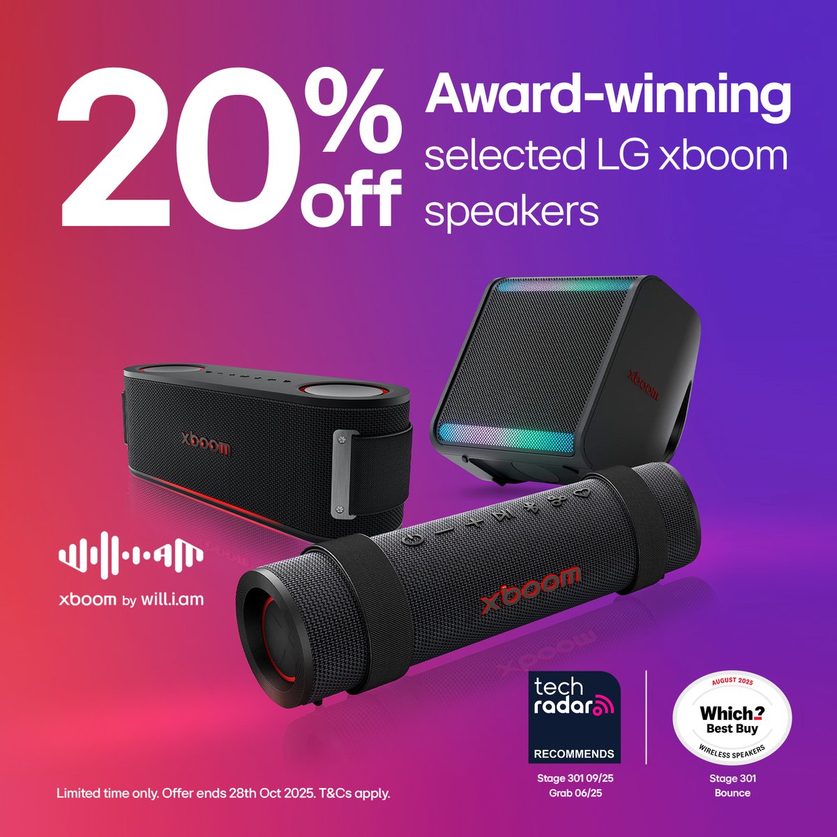 LGUK's tweet image. Big savings on big sound! ❤️‍🔥

Get 20% off selected award-winning LG xboom speakers and experience dynamic sound crafted by experts.

Find your xboom now 👉 spr.ly/6010Ac23o
#BluetoothSpeaker #PortableSpeaker #Offer