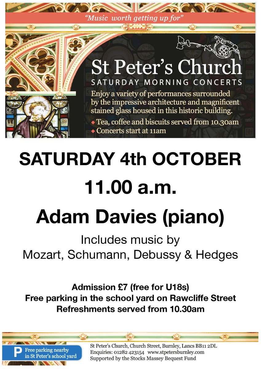 Saturday Morning Concert at St Peter's on 4th October. Details below.