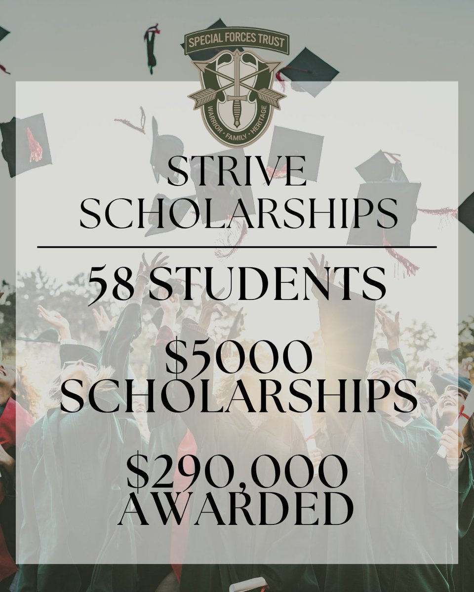 TheSFTrust's tweet photo. 🎓 58 Special Forces teens.
💵 $5,000 each.
📚 Futures full of possibility.

The #STRIVEScholarship empowers military kids to pursue college &amp; trade school—honoring their sacrifices and investing in their dreams. 💚

#specialforcestrust #trustthetrust #militarychild https://t.co/NqvR35DkkA