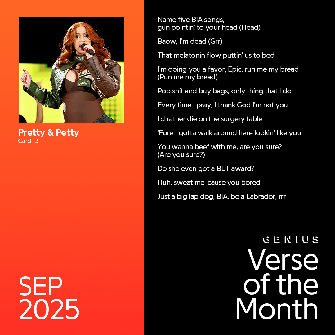 Genius (@genius) on Twitter photo it’s official, <a href="/iamcardib/">Cardi B</a> really is the drama 🔥
the female rapper was not playing around on her new track “pretty & petty”, earning her our september #votm 🎤🎶 it’s official, <a href="/iamcardib/">Cardi B</a> really is the drama 🔥
the female rapper was not playing around on her new track “pretty & petty”, earning her our september #votm 🎤🎶
