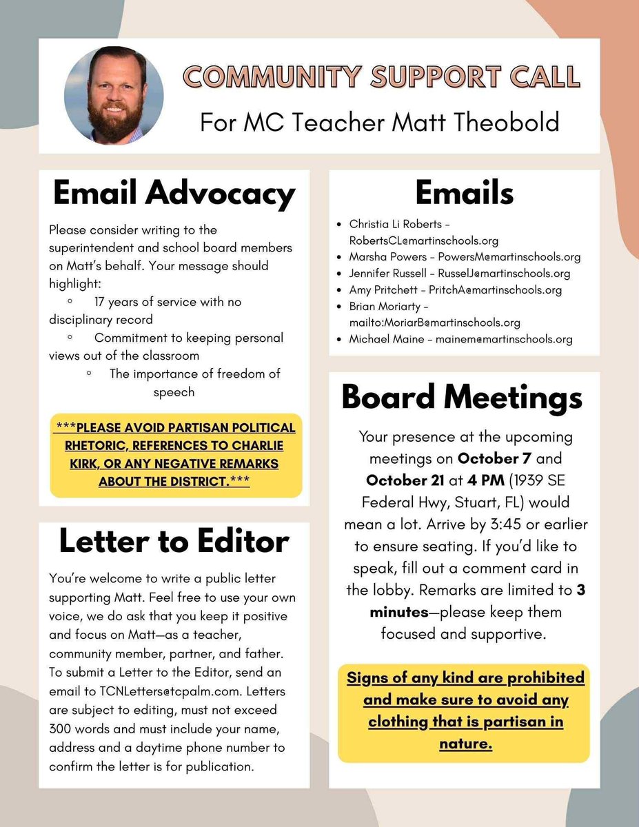 TreasureCoastYD's tweet photo. Many of you may have heard about the unfair treatment of a Martin County teacher who made a casual comment on his personal page about CK and has been wrongfully punished for it. There was absolutely no celebration of any kind, only FACTS stated. https://t.co/qfTm5y7c1u
