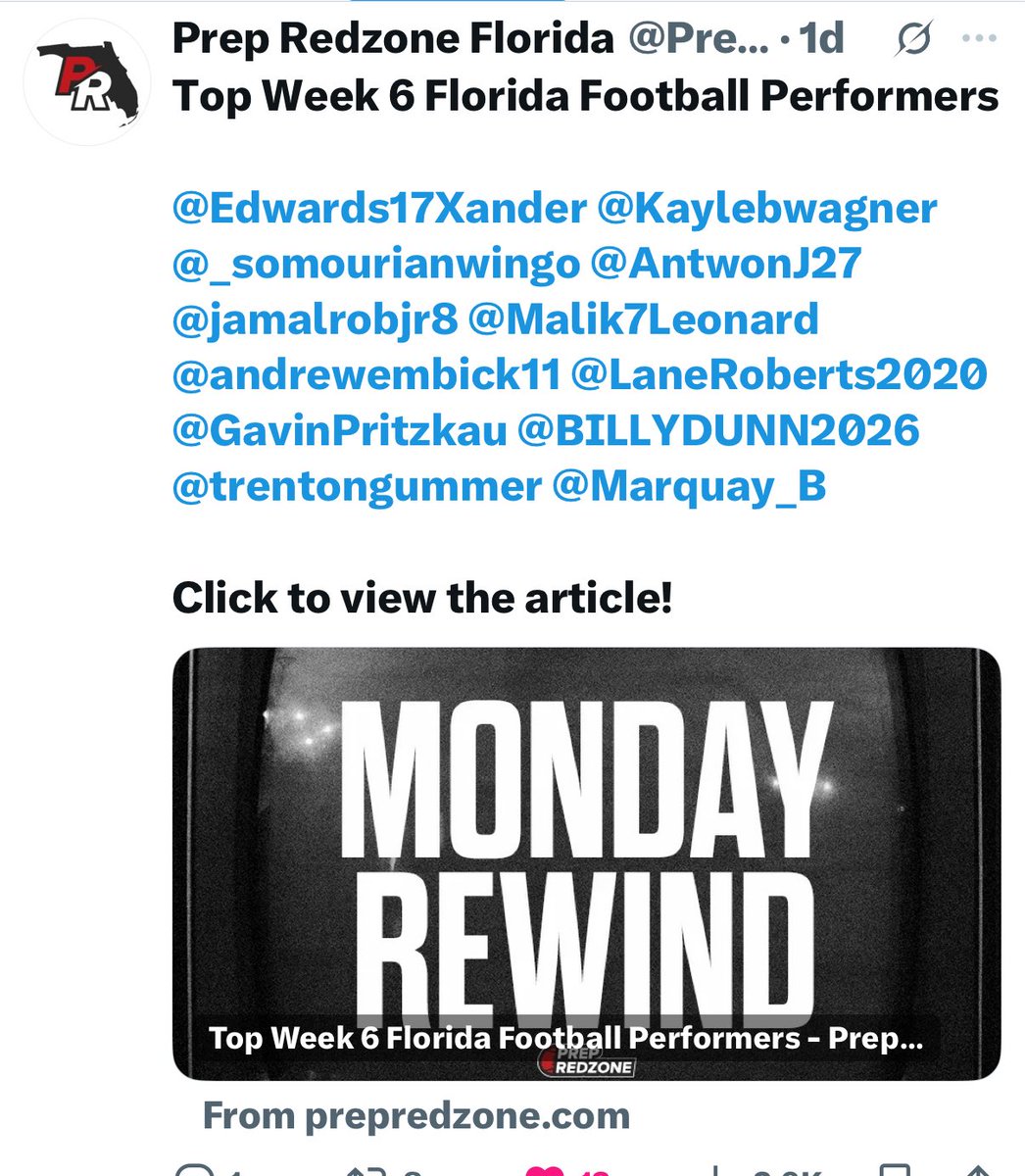 GavinPritzkau's tweet photo. Thank you @JMarkG1962 for the nomination and @PrepRedzoneFL for the βπΌ recognition. Blessed for another great week on the gridiron with my team!
@CoachKBlackman , @OwensBoi1
#ChasingGreatness #ChasingGod
@baylintrujillo @CenFLAPreps @FlVarsityRival @OS_ChrisHays @osvarsity @LawrenceBl83397 @RealNews102 @TheRundown102 @StatZ_G @DanLaForestFB @TA2claps @Excelspeed12 @247Sports @MacCorleone74 @KoreenBurch @Jblake_8 @tgt_training @stevequinnFBU @FBUcamp @Stumpf_Brian @devingardnerXCI @BHoward_11 @TravisJohnson4_ @DemetricDWarren @CharlesPower @ChadSimmons_ @SWiltfong_ @GregBiggins @BrandonHuffman @blu_chps @EdOBrienCFB @on3 @On3Recruiting @sixstarfootball @Marchen44 @nielstopczynski @Andy_Villamarzo @CoachJoeyy @QBHitList @CoachJoeNieves @BCorona4Ever @HBynes12 @RyanWrightRNG @PRZVicCastillo @JETB12 @JMarkG1962