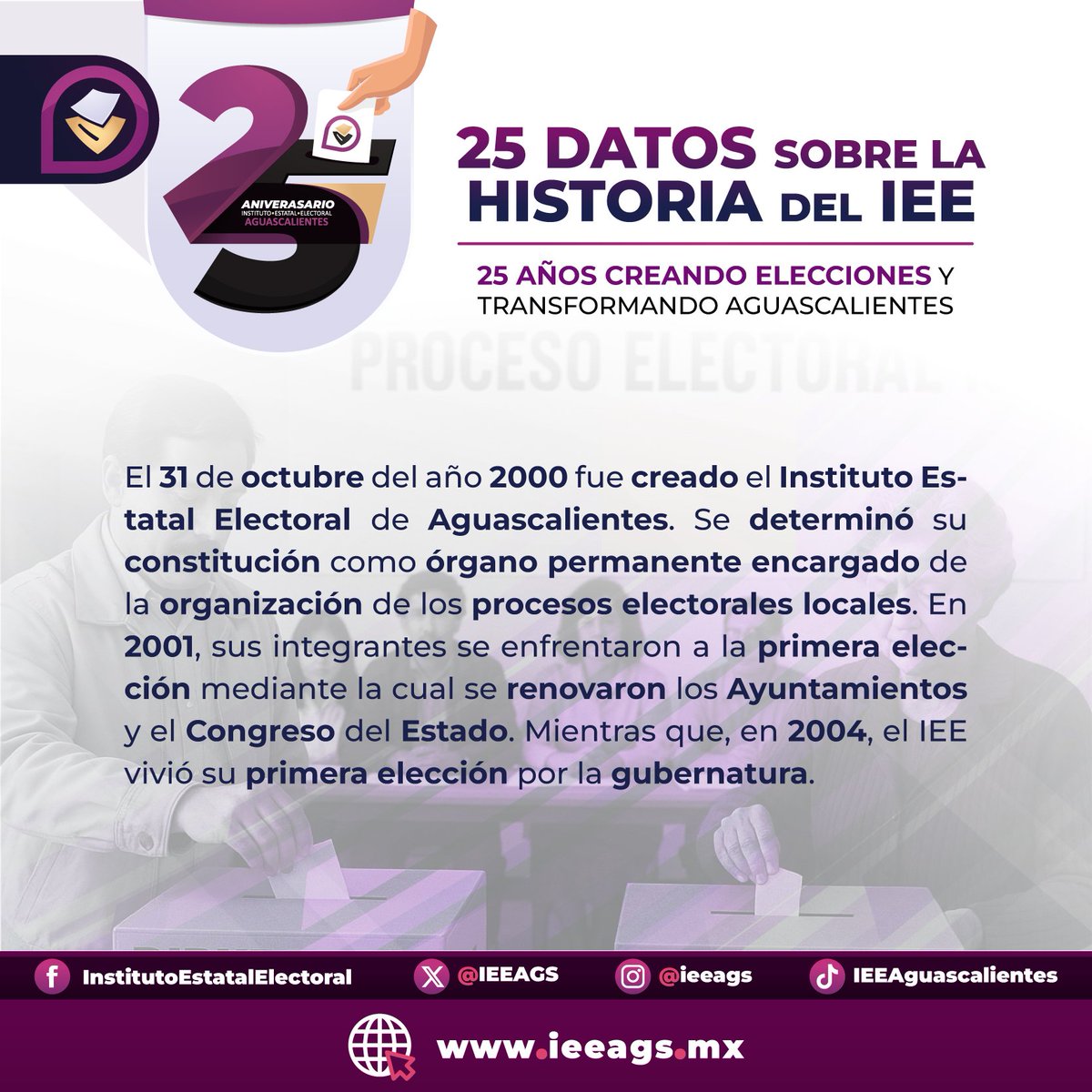 El 31 de octubre cumpliremos 25 años de habernos constituido como una autoridad electoral autónoma, permanente y profesional.

#25AñosIEEAgs