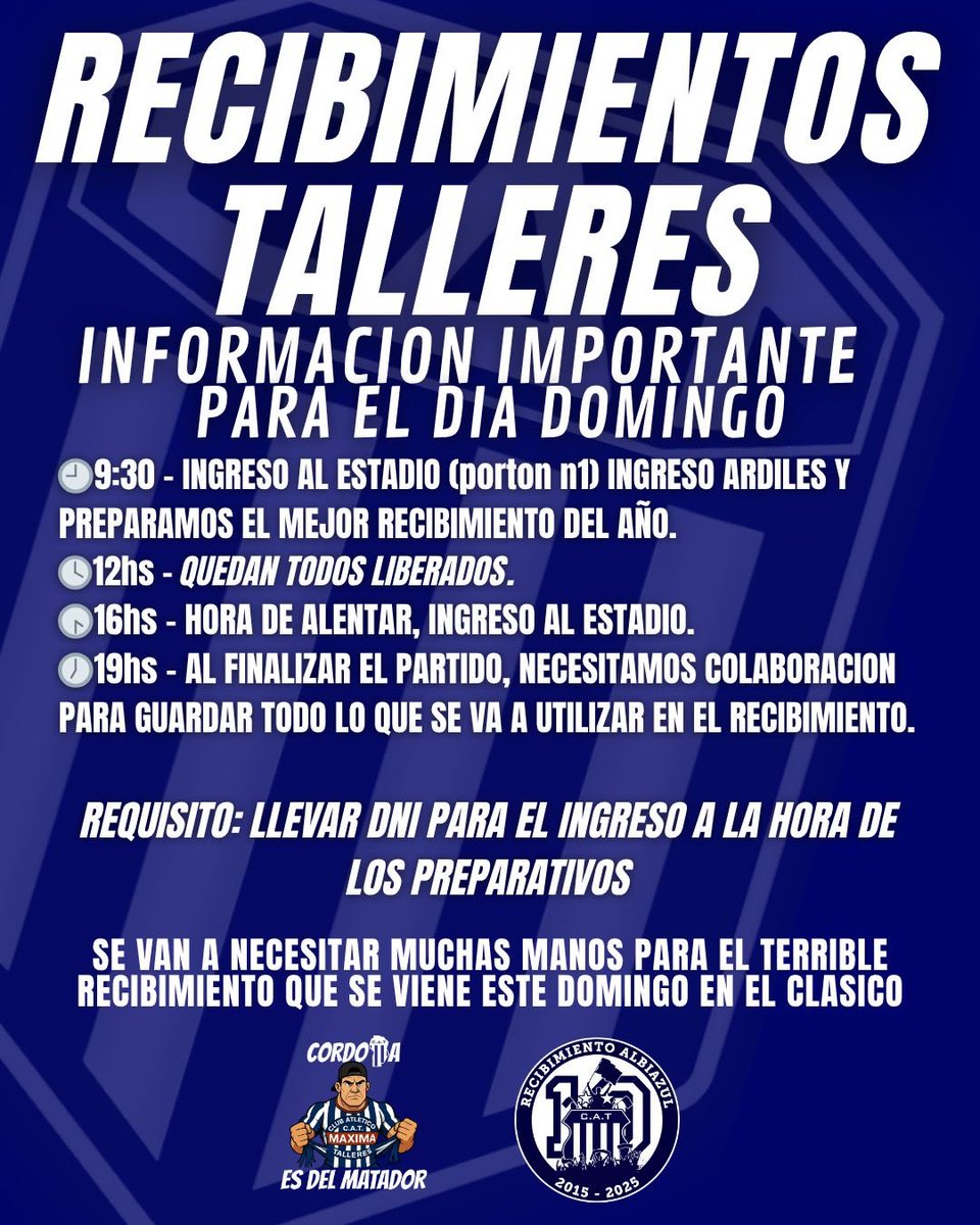 RecibimientoT's tweet photo. 🚨INFORMACIÓN IMPORTANTE

- Prestá atención a los horarios publicados.
- No te olvides tu DNI.
- Una vez en el estadio seguí las instrucciones de los encargados del Recibimiento.
- Se necesitará ayuda por la mañana para ingresar todo y también al finalizar el partido. https://t.co/IC7XnQjyOw