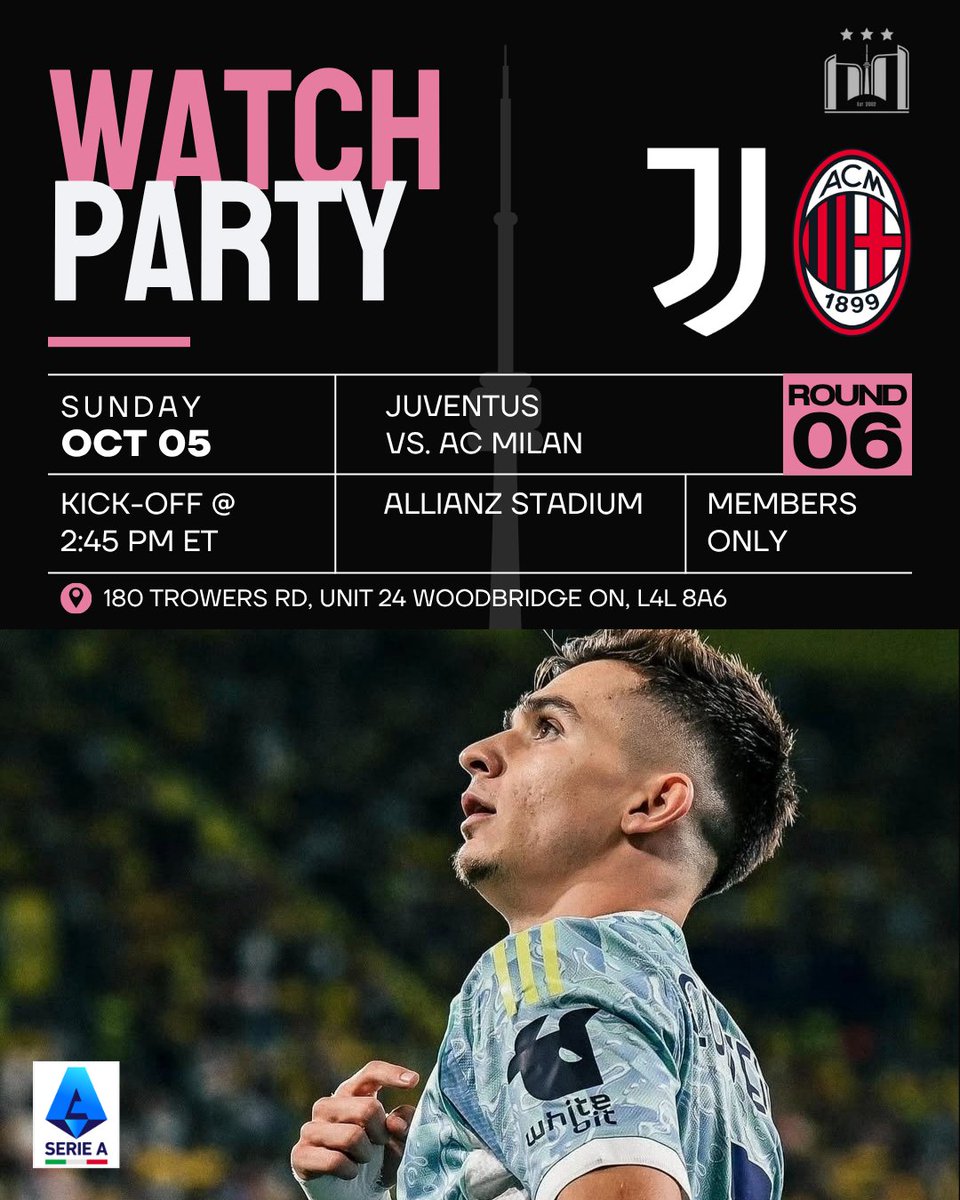 juveclubto's tweet photo. There's no need to hype this one up...we know we'll see you all Sunday!

📅 Sunday, October 5th
🕒 2:45 pm
🚪 Doors open at 1:45 pm

#Juventus #Juve #ForzaJuve #JOFC #JOFCToronto #SerieA #UEFA #UEFAChampionsLeague https://t.co/hTsVpjmnpl