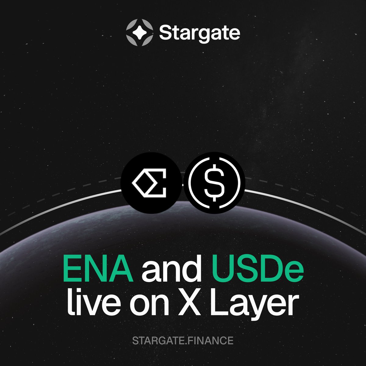 StargateFinance's tweet photo. ENA and USDe (@ethena) are now live on X Layer (@XLayerOfficial).

Move $ENA, $USDe and $sUSDe from 25+ connected chains to X Layer at a 1:1 rate, with no slippage. Powered by @LayerZero_Core’s OFT standard.

Get there with Stargate. https://t.co/CbcT89fY2E