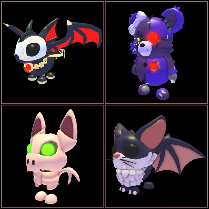 These are the first 4 pets (week 1) in the Adopt Me! Halloween 2025 Event

✔️Phantom Dragon (Legendary) = 1000 RBX
✔️Patchy Bear (uncommon) = 10.000 Candy Corn
✔️Skelebat (ultra Rare) = 76.000 Candy Corn
✔️Kitty Bat (Legendary)  = 10 to 20 Yarn apples

Pic stolen from <a href="/MemeePlays/">Memee Plays</a>