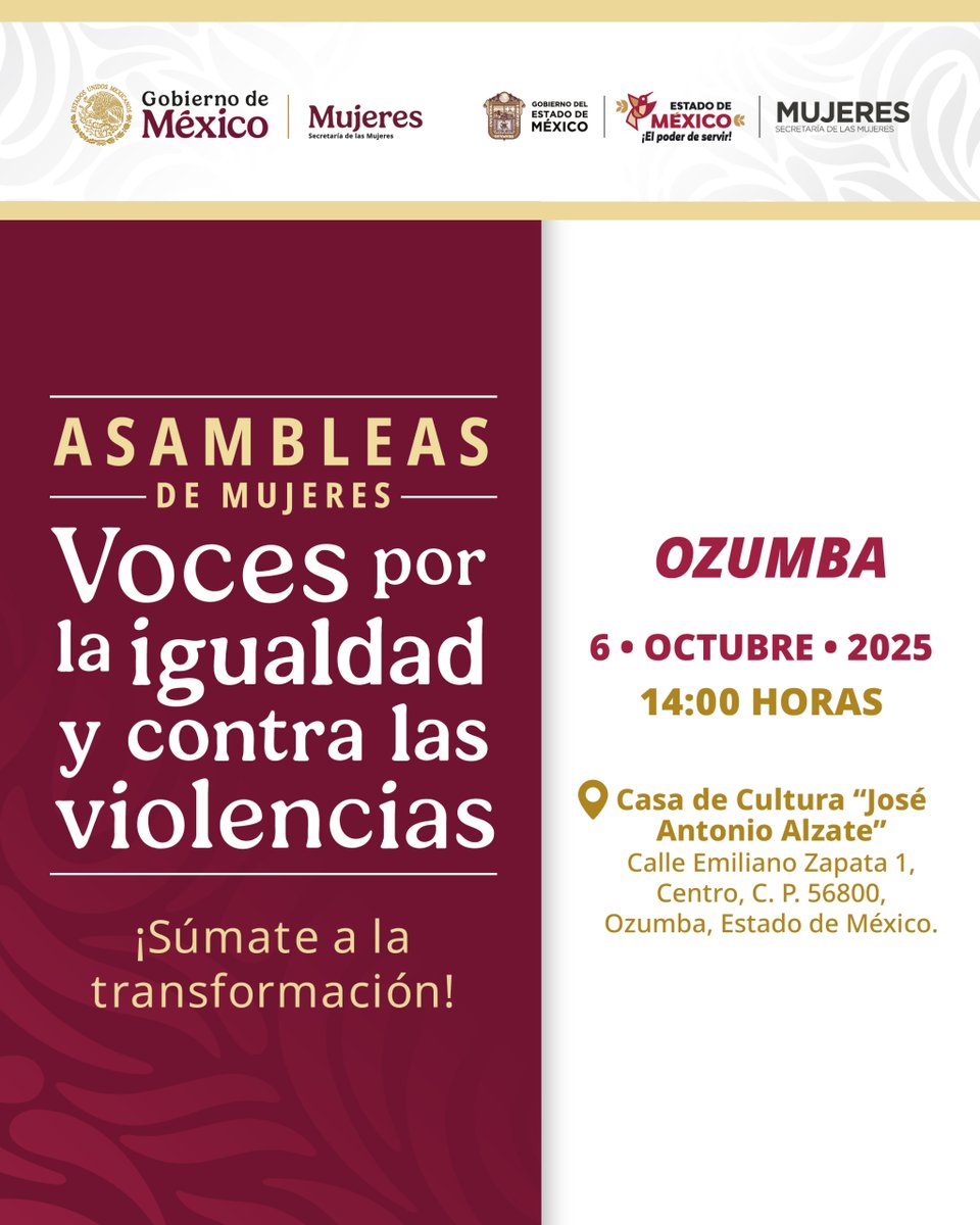 Te invitamos a la Asamblea “#VocesPorLaIgualdad y contra las Violencias”, un espacio de construcción y diálogo para avanzar juntas ¡Súmate a la transformación!
🗓️ 6 de octubre
📍#Ozumba
⏰14:00 horas
#VocesContraLasViolencias