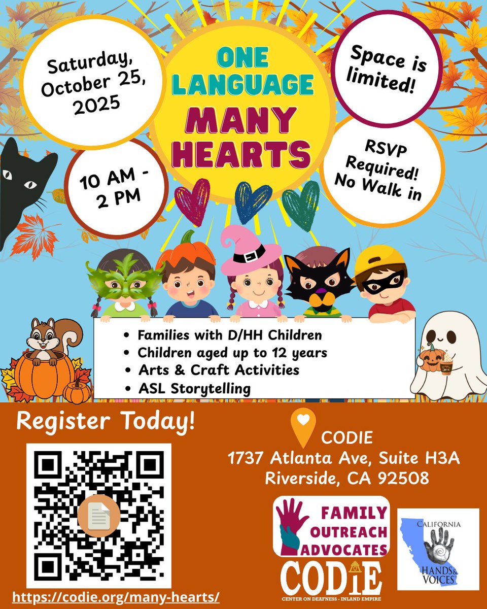 CODIEdeaf's tweet image. Free event for families with Deaf/Hard of Hearing kids (12 &amp;amp; under)! Arts &amp;amp; crafts, ASL storytelling, costume contest &amp;amp; more! RSVP required: codie.org/many-hearts/ Limited space. Inquiries? 951-801-5674 VP, 951-275-5000 or info@codie.org #codiedeaf #ASL #FamilyEvent