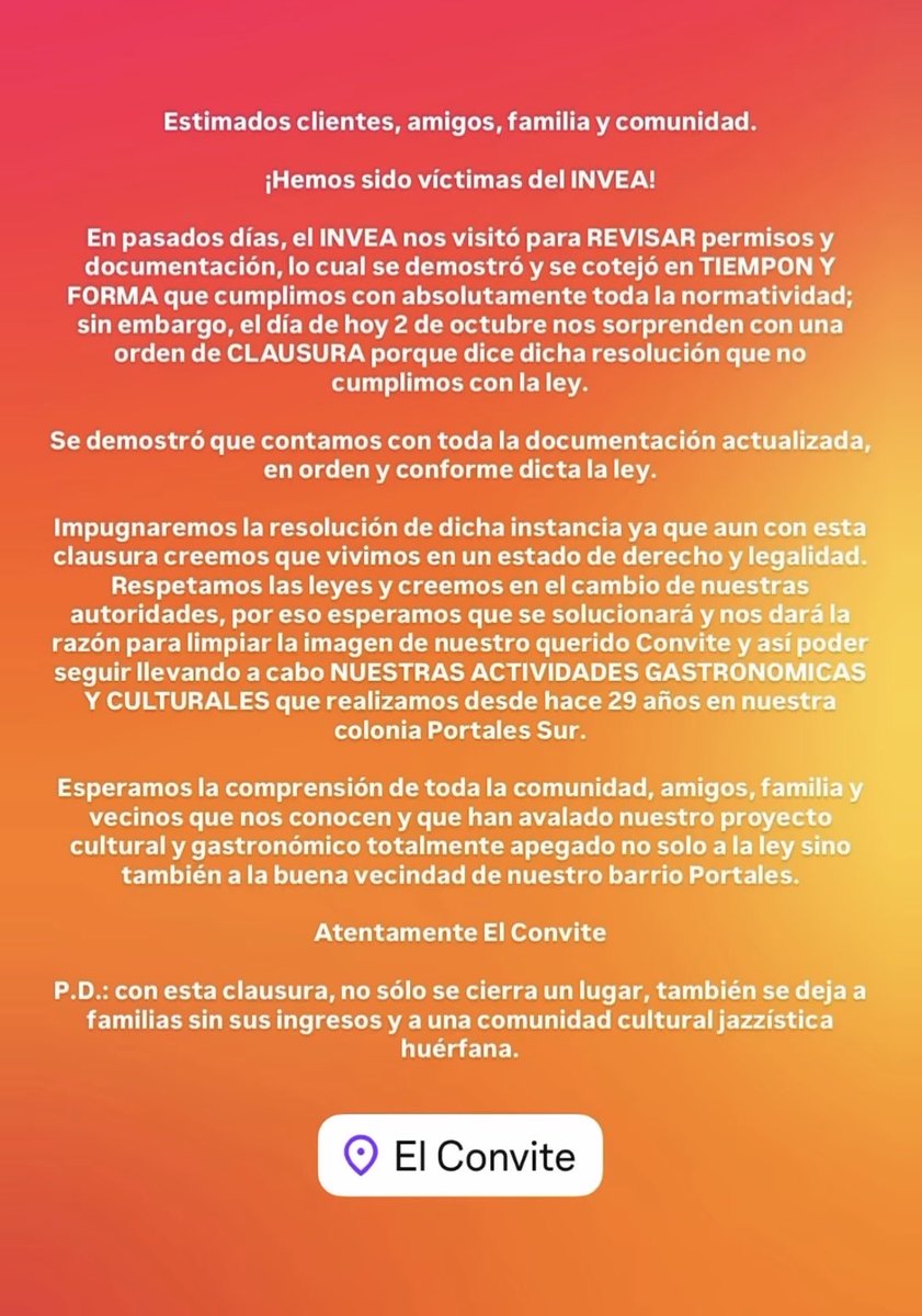 Los compañeros de <a href="/elconvite/">El Convite®</a> han sido víctimas de alguna absurda burocracia analfabeta del <a href="/inveacdmx/">INVEACDMX</a>. Ojalá pronto puedan leer sus permisos y los dejen seguir operando.
