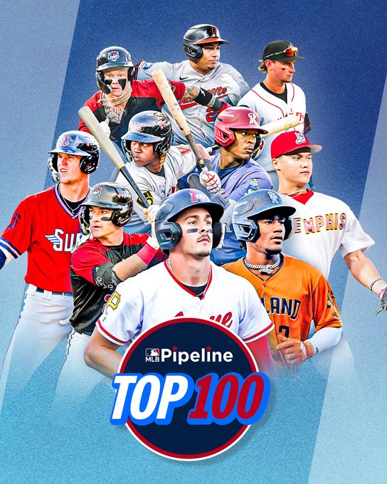 Photos of Max Clark, Samuel Basallo, Colt Emerson, Walker Jenkins, Jesús Made, Sebastian Walcott, JJ Wetherholt, Kevin McGonigle, Leo De Vries and Konnor Griffin on a blue background.
PIPELINE
TOP 100