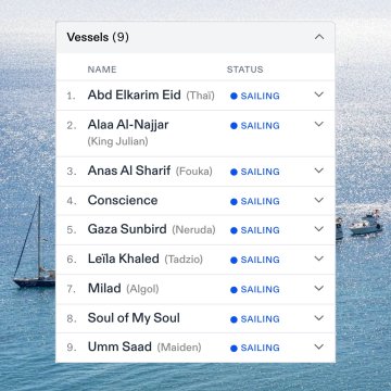 A map showing the Mediterranean Sea with a marked route and location labeled "FFC-TMTG-C 9 SHIPS" near the coast, indicating ships sailing toward Gaza. Below, a photo of sailboats on the water. A grid of smaller images shows nighttime views of ships and interiors, including people and equipment. A list displays names and statuses of nine ships: Abd Elkarim Eid, Alaa Al-Najjar, Anas Al Sharif, Conscience, Gaza Sunbird, Leïla Khaled, Milad, Soul of My Soul, and Umm Saad, all marked as "SAILING."