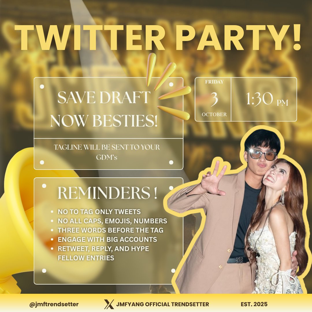 jmftrendsetter's tweet image. 𝐓𝐖𝐈𝐓𝐓𝐄𝐑 𝐏𝐀𝐑𝐓𝐘 𝐀𝐋𝐄𝐑𝐓!

Are you excited for #Ghosting's Part 2 Cast Reveal later? Let’s show our support for JM and Fyang by helping them trend!

Check your GDMs for the official tagline or give us a DM if you haven’t received them yet.

TP GUIDELINES:
-NO ALL