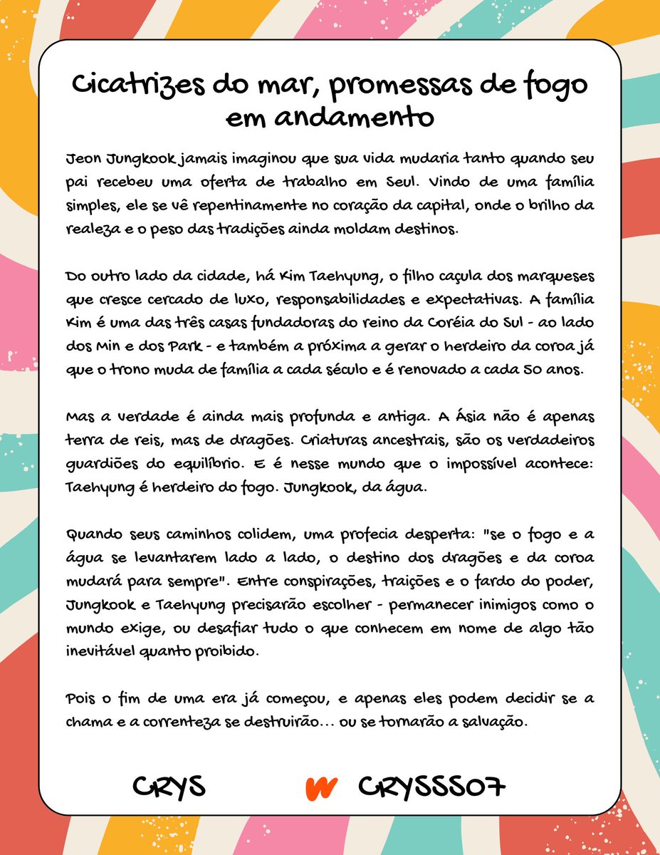 ✨INDICAÇÃO FANFIC TAEKOOK✨

Cicatrizes do mar, promessa de fogo
Em andamento
Crys 

Link abaixo ⬇️