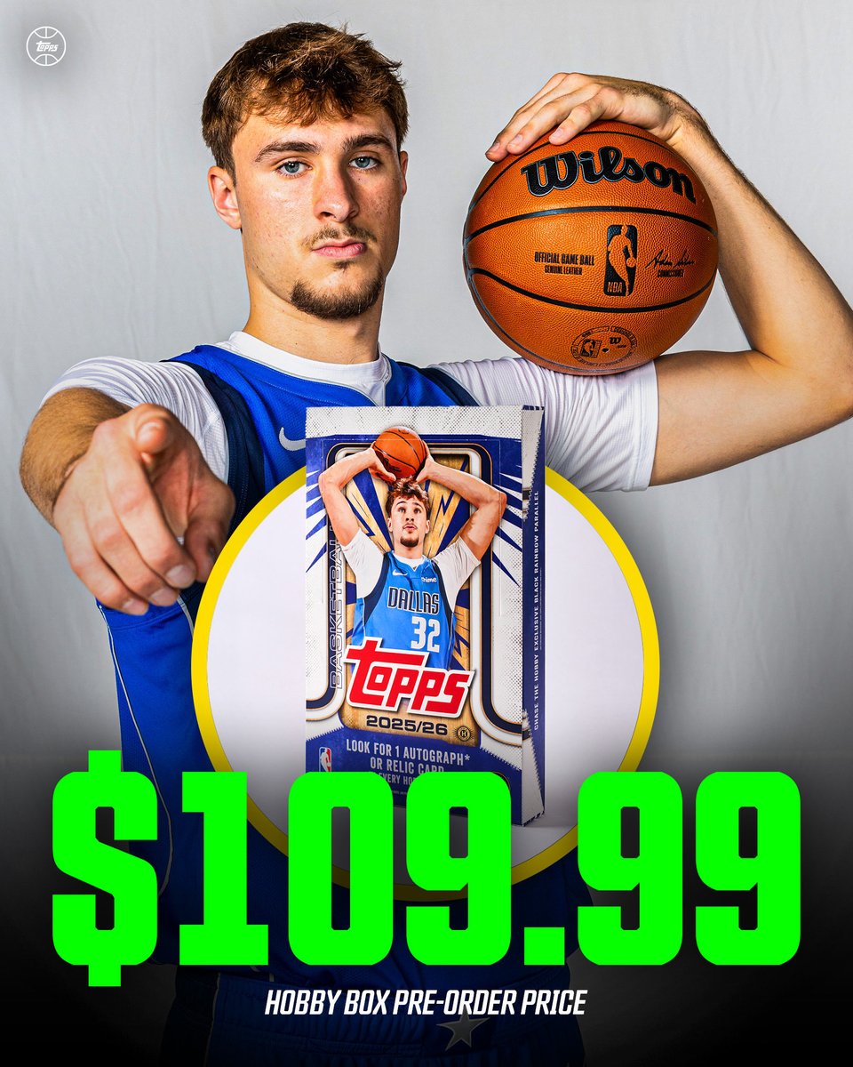 Topps's tweet image. $109.99

2025-26 Topps Basketball is available for pre-order tomorrow at 12 PM EST 🤝