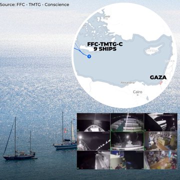 A map showing the Mediterranean Sea with a marked route and location labeled "FFC-TMTG-C 9 SHIPS" near the coast, indicating ships sailing toward Gaza. Below, a photo of sailboats on the water. A grid of smaller images shows nighttime views of ships and interiors, including people and equipment. A list displays names and statuses of nine ships: Abd Elkarim Eid, Alaa Al-Najjar, Anas Al Sharif, Conscience, Gaza Sunbird, Leïla Khaled, Milad, Soul of My Soul, and Umm Saad, all marked as "SAILING."