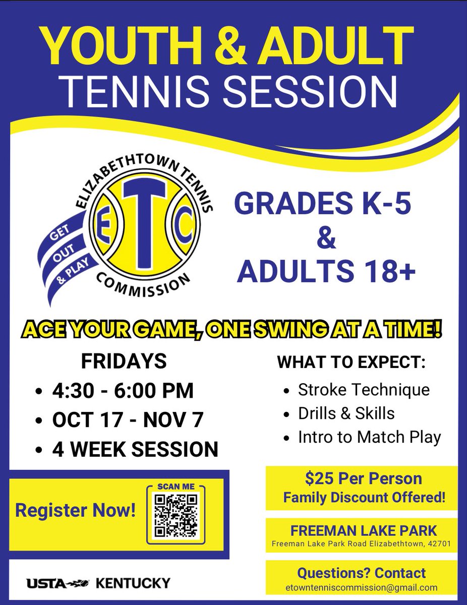 Get involved in one of the healthiest sports out there!  Clinics for kids and adults here in Etown sponsored by <a href="/USTAKentucky/">USTA Kentucky</a> and Etown Tennis Commission. 
Register today!

form.jotform.com/252475034896163