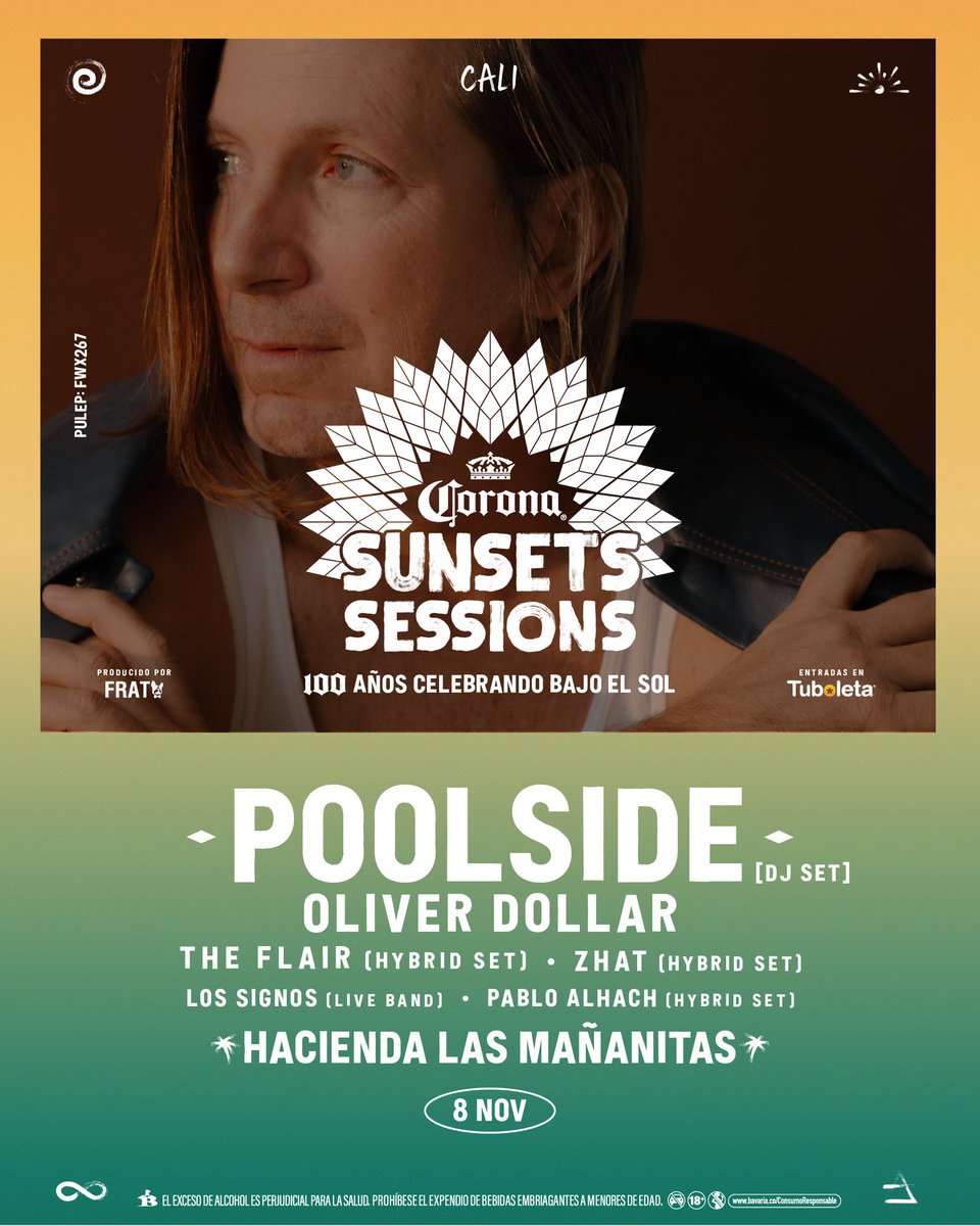 NUEVO ANUNCIO 🌴

¡El Corona Sunsets regresa!

En esta ocasión disfrutaremos de los mejores atardeceres en 3 ciudades de nuestro país: Medellín, Cali y Bogotá 🌅

Medellín | 18 de octubre | Zona E/Marrakech 📍 - Hot Chip (Dj set), Bag Raiders (Live) y MÁS 👌🏻

Cali | 8 de