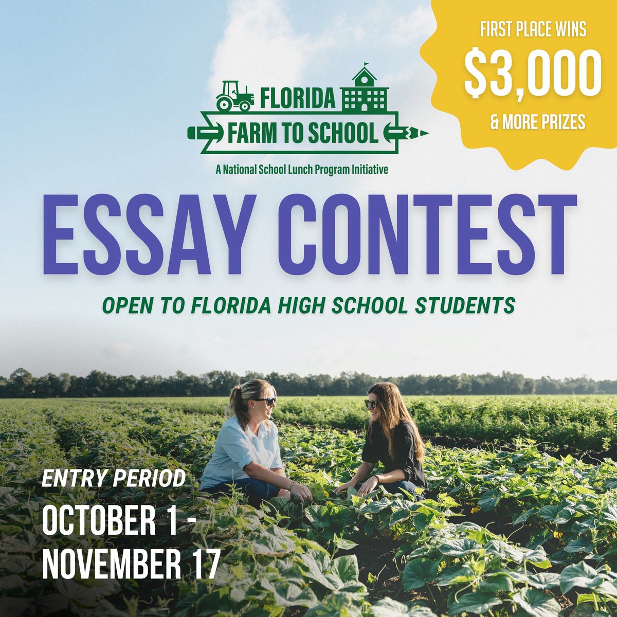 Attention Florida high school students:  I am thrilled to invite you to participate in the Florida Department of Agriculture and Consumer Services’ (FDACS) Florida Farm to School Essay Contest, now open through November 17, 2025. After drawing hundreds of submissions in its