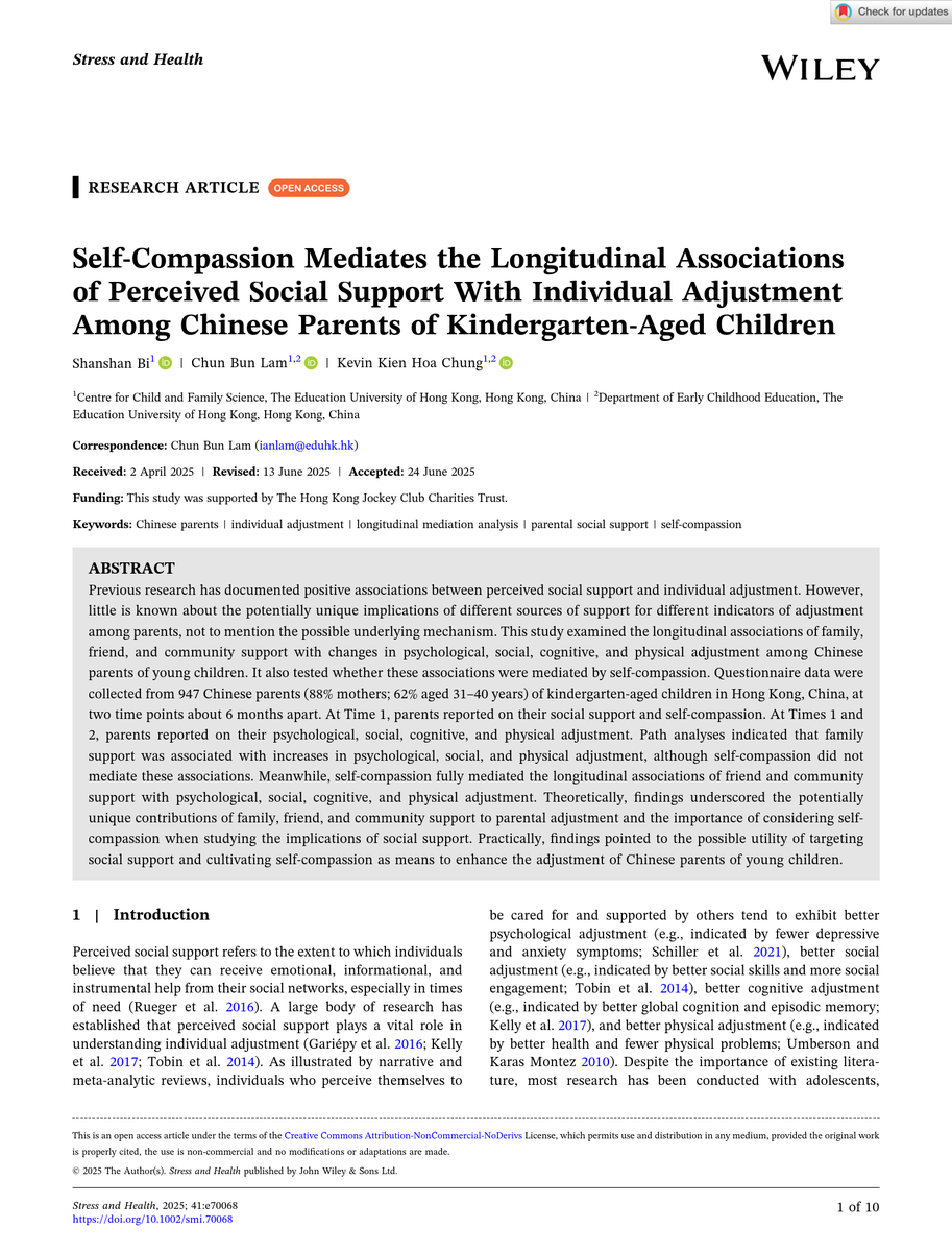 ECE_EdUHK's tweet image. 🆕New paper "Self-Compassion Mediates the Longitudinal Associations of Perceived Social Support with Individual Adjustment among Chinese Parents of Kindergarten-Aged Children" by Dr Shanshan Bi (@ShanshanBi_), Dr Ian Lam &amp;amp; Prof Kevin Chung: doi.org/10.1002/smi.70…! 
#ECE #EdUHK