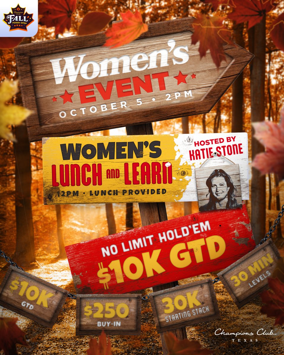 ChampionsClubTX's tweet photo. Mark your calendars! The Women’s NLH Event takes place at the Fall Poker Open on October 5.

A special day of action you won’t want to miss.
👉 Full details at the link in bio.

#fallpokeropen #championspoker #poker #texas #NLH #PLO #pokertournament https://t.co/5ehht8uXvg