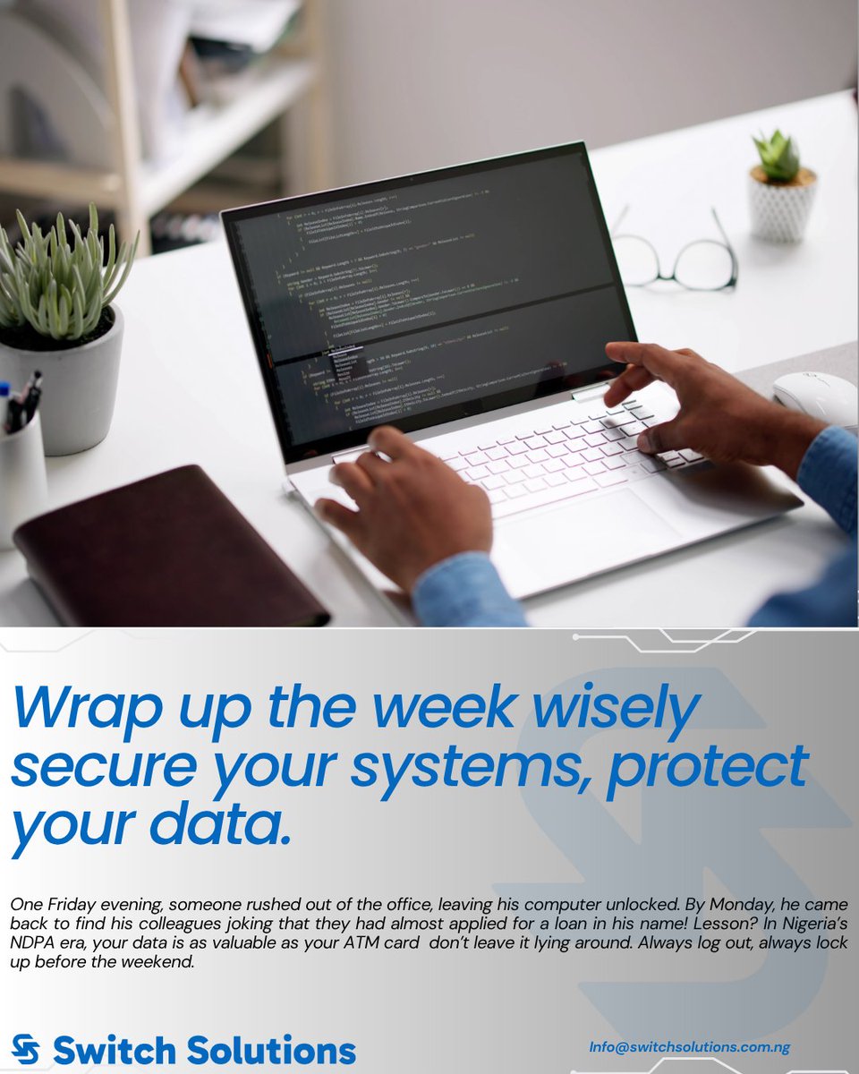switchsolution_'s tweet image. Before you log off, lock up!
Sign out. Secure files. Protect your data.
#DataProtection #CyberSafety #WorkSmart