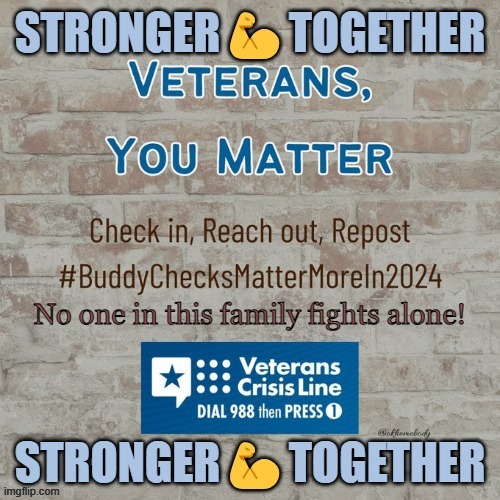 mil_vet17's tweet image. 🇺🇸👊STRONGER💪TOGETHER👊🇺🇸
Please help reach out to others in need
by reposting all #BuddyChecks 💪🇺🇸
#Turn22To0 #EndVeteranSuicide

🇺🇸👇Be sure to follow &amp;amp; support
🇺🇸👉Charyl @okhomebody
🇺🇸🙏God Bless All🙏🇺🇸