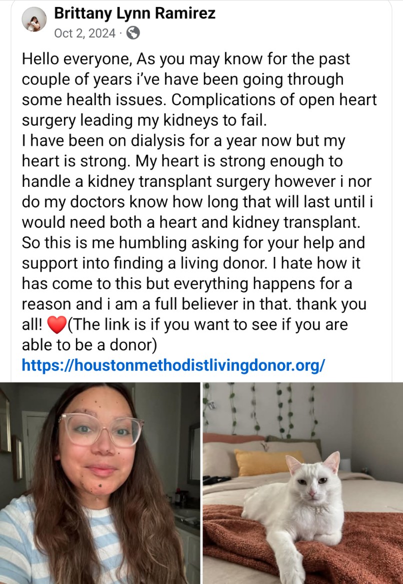beautifulclouds's tweet photo. My daughter, Brittany Lynn Ramirez  needs a kidney.  
Please register to see if you qualify.
https://t.co/Qp9lHUYc2D
#Houston  #kidneytransplant  #kidney 
#kidneyfailure https://t.co/bTgD3WqQr6