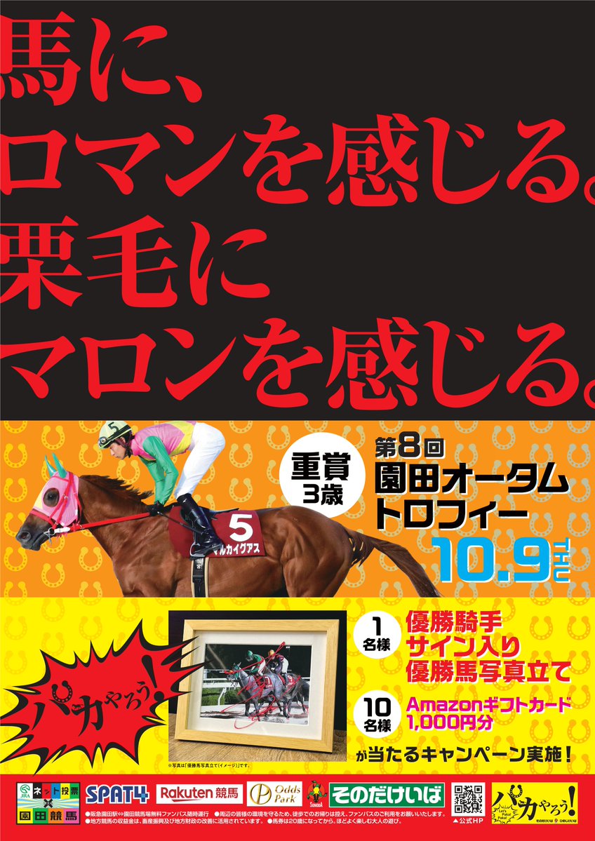 ／
兵庫三冠👑　最終戦🔥
🎊第8回 #園田オータムトロフィー 開催🎊
＼

◎優勝騎手サイン入り🏇優勝馬写真立て×1名様
◎Amazonギフトカード1,000円分×10名様
が当たるキャンペーン実施！

参加方法
①＠sonoda_himejiをフォロー
②このポストをリポスト
締切…10/10（金）15：00

展望はこちら👇
