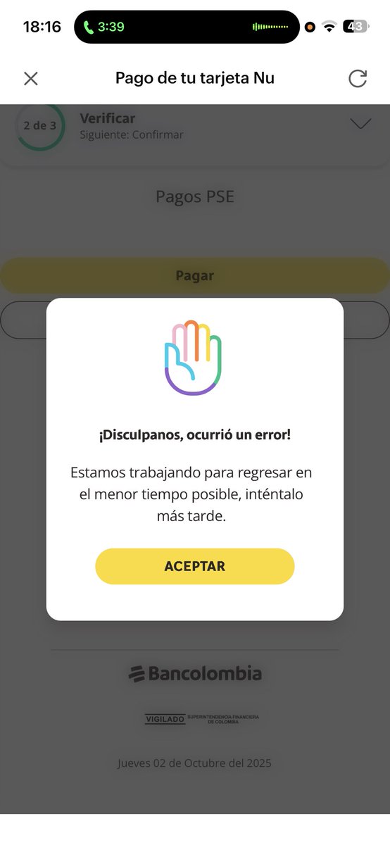 obleday94's tweet photo. Toda la tarde intentando pagar recibos y tarjetas y no deja. Llamo y me hacen descargar una app, autenticarme y dicen que ya y sigue el error @Bancolombia #bancolombia https://t.co/Mvm2nft6ki