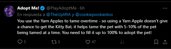 For questions about Yarn Apples and the Kitty Bat:  
Is 5% to 10% each Yarn Apple and you can only use 2 every hour (in min 17 and min 47)   
That is, you can only tame 10% to 20% of a Kitty Bat every 1 hour of play.