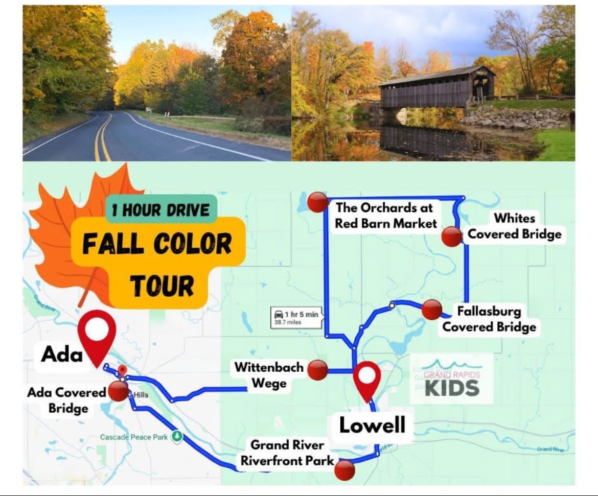 The weekend is almost here, and the weather is looking great. Need something to do with the entire family? Check this out.

🍁 Fall Color Tour – Ada to Lowell via Fallasburg Park (Family-Friendly | ~1-Hour Drive)
Enjoy great fall colors this weekend with a scenic drive and