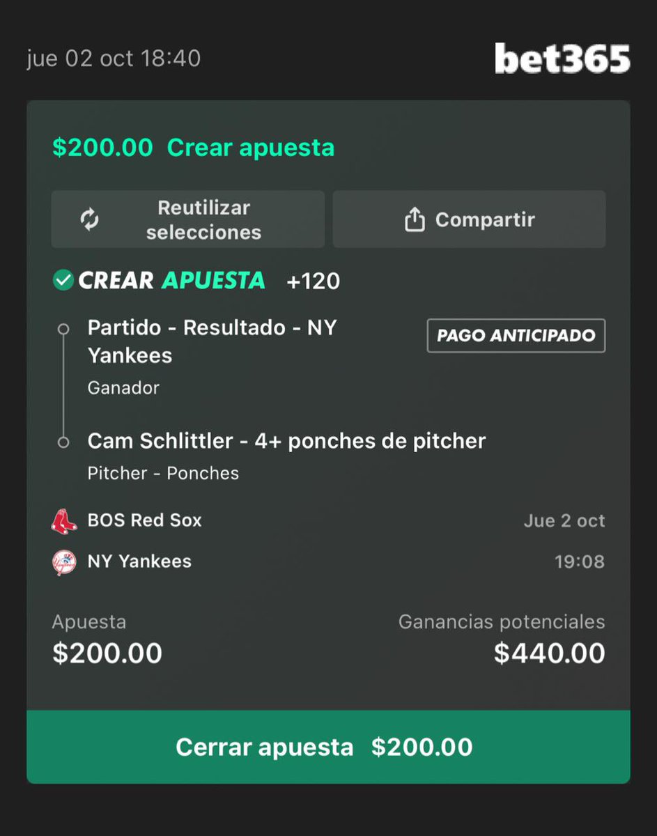 AsdePickss's tweet photo. ⚾️Los Yankees se juegan la vida⚾️
♠️As del Día♠️
1u —> 2.2u ⏳
#Yankees #RedSoxs #RepBX #AaronJudge #Stanton #MLB #Postseason https://t.co/i3LQF1G2eu