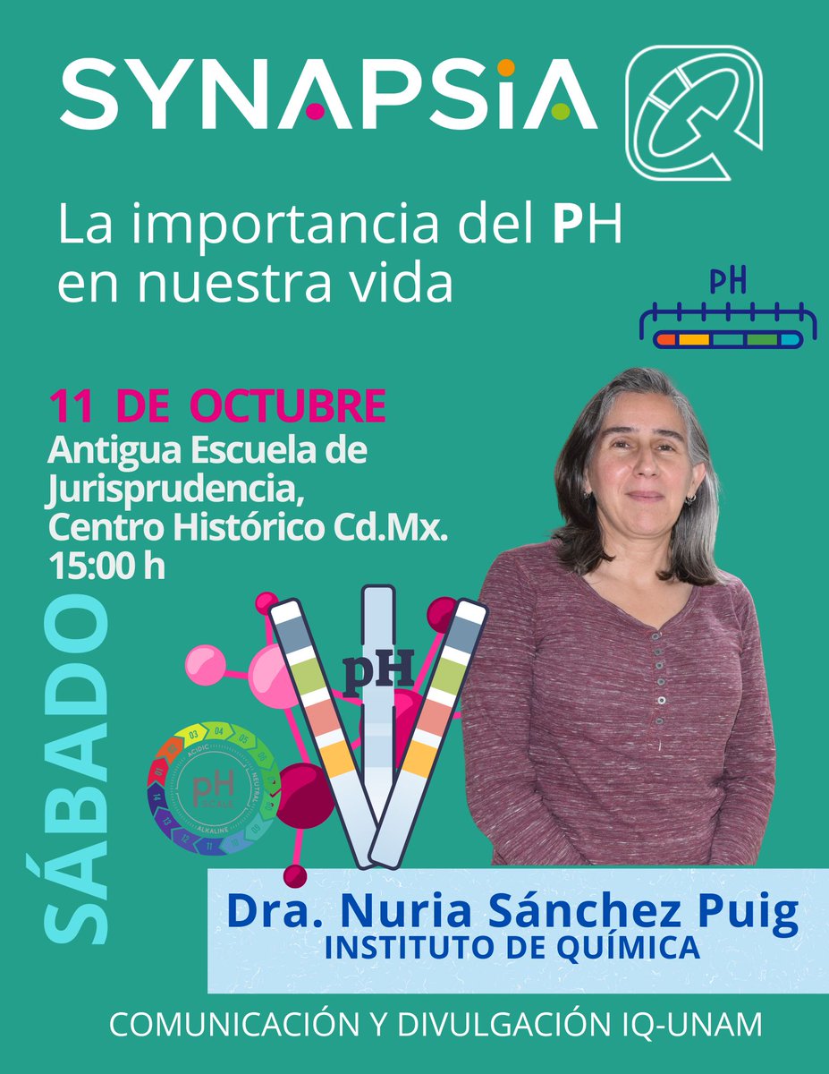 🔬 Más actividades del #IQUNAM en el Festival #Synapsia2025, en el Centro Histórico CDMX 👇
🦠10 de octubre, 14:00 h, Bacterias mexicanas
🎭11 de octubre, 10:00 h, Química en escena
🧪11 de octubre,15:00 h, El pH en nuestra vida
📍 Antigua Escuela de Jurisprudencia