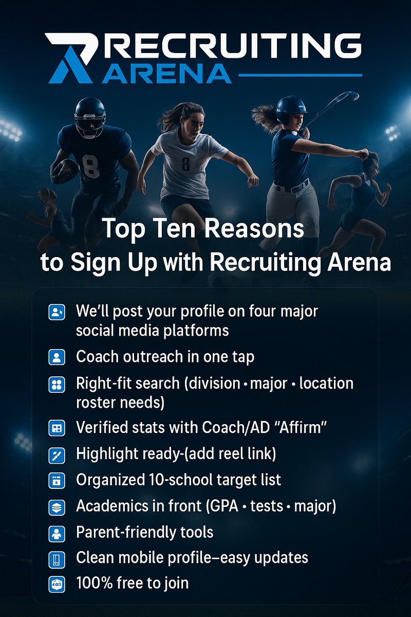 recruitingArena's tweet image. Sign Up Today at RecruitingArena.com The completely free way to search for colleges, connect with coaches and keep you organized in the recruiting process. #ProactiveRecruiting #StudentAthlete #RecruitingArena #reels #CollegRecruiting
