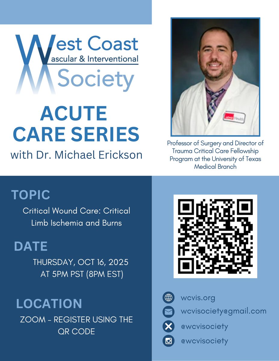 West Coast Vascular & Interventional Society (@wcvisociety) on Twitter photo ๐The Acute Care Series is back with a session on Critical Wound Care with Dr. Erickson from <a href="/utmbhealth/">UTMB Health</a> <a href="/UTMBSurgery/">UTMBSurgery</a> ! Join us for a session on how to care for patients with #cli and burns.
Register here: zoom.us/meeting/registโฆ ๐The Acute Care Series is back with a session on Critical Wound Care with Dr. Erickson from <a href="/utmbhealth/">UTMB Health</a> <a href="/UTMBSurgery/">UTMBSurgery</a> ! Join us for a session on how to care for patients with #cli and burns.
Register here: zoom.us/meeting/registโฆ