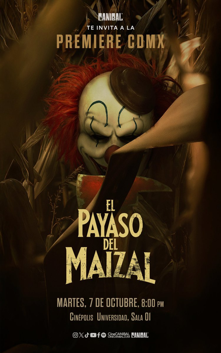 ⚠️ CINE GRATIS ⚠️
Tenemos 5 pases dobles para la premiere de #ElPayasoDelMaizal Para ganar deberán:

•Seguir nuestras redes y las de <a href="/cineCANIBAL/">Cine CANÍBAL®</a> 
•Dar RT, ❤️ y comentar el nombre de su acompañante
•Mandar a DM su nombre completo, correo y SS de los pasos anteriores.

Suerte🎬