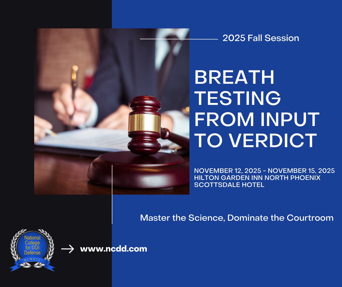 NCDDNews's tweet image. 🧪 This seminar goes beyond theory. Operate real breath machines, learn how errors happen, and discover how to use it all in court.
👉 bit.ly/45Hf5Pe
.
.
.
.
.
.
.
#NCDD #DUIDefense #TrialSkills #BreathTesting #PhoenixCLE #ForensicScience #DUIAttorney