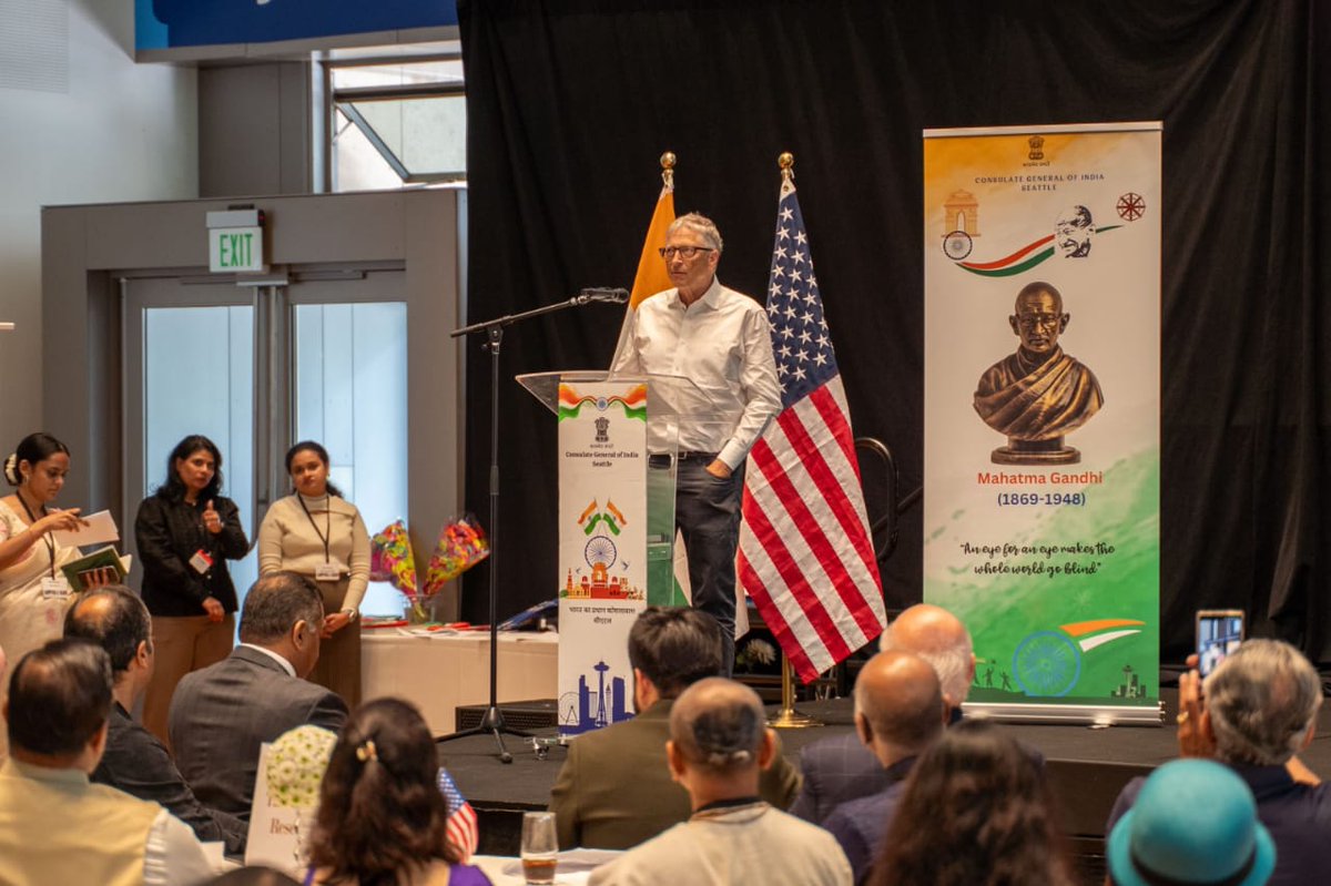 UpendrraRai's tweet photo. #IndiaDay celebrated at @gatesfoundation on the occasion of #GandhiJayanti. In partnership with the #GatesFoundation, the #ConsulateGeneral of India in #Seattle hosted a special celebration showcasing #IndianCulture, arts and cuisine at the Gates Foundation on October 2. The event was graced by @BillGates, Chair and Board Member of the Gates Foundation, along with senior leadership of the Washington State and Seattle City governments.

Addressing the gathering, Bill Gates said, “It's fitting that we're coming together on the birthday of Mahatma Gandhi. The ideals he championed, the equality and dignity of every person, are foundational to the work we do. Today, India stands as a global leader in innovation and is pioneering solutions with the potential to save and improve millions of lives across the Global South. We look forward to continuing to partner with India on its journey toward Viksit Bharat 2047.”